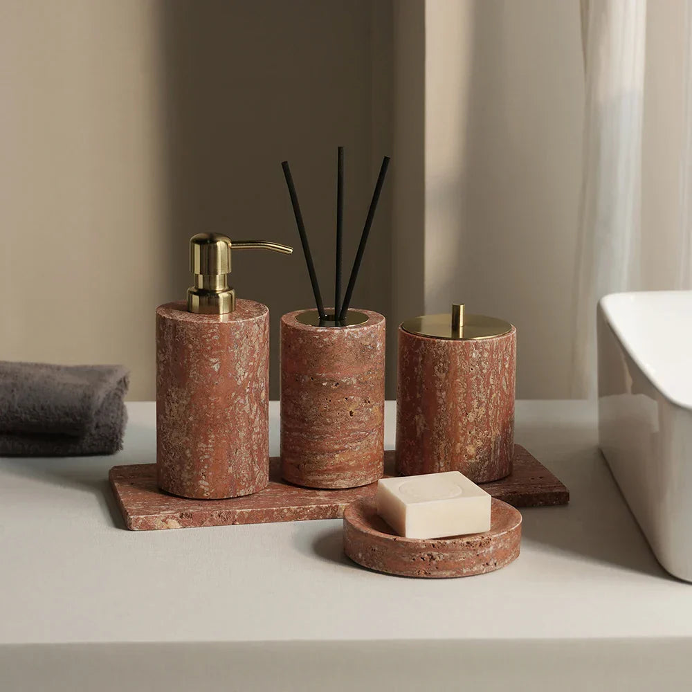 Handcrafted Natural Red Travertine Bathroom Accessories Set (4-Piece)