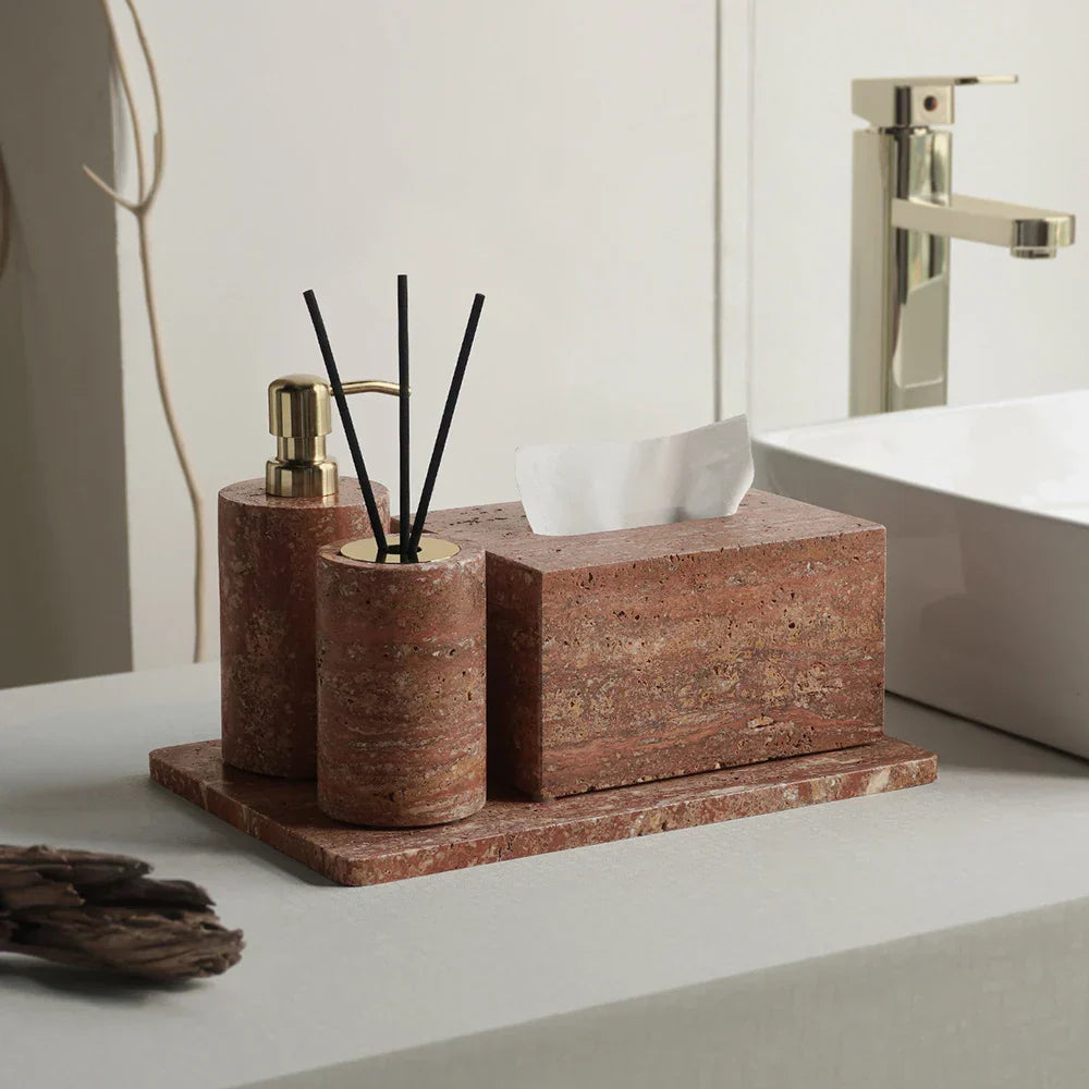 Handcrafted Natural Red Travertine Bathroom Accessories Set (4-Piece)