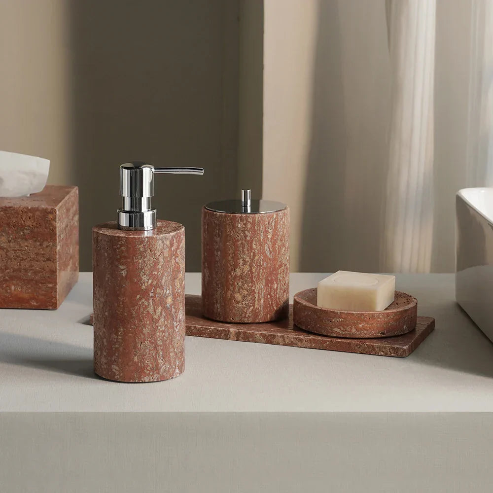 Handcrafted Natural Red Travertine Bathroom Accessories Set (4-Piece)