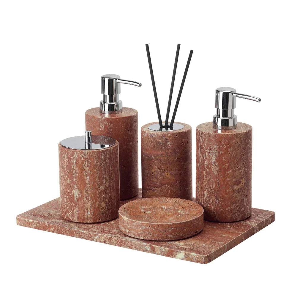 Handcrafted Natural Red Travertine Bathroom Accessories Set (4-Piece)
