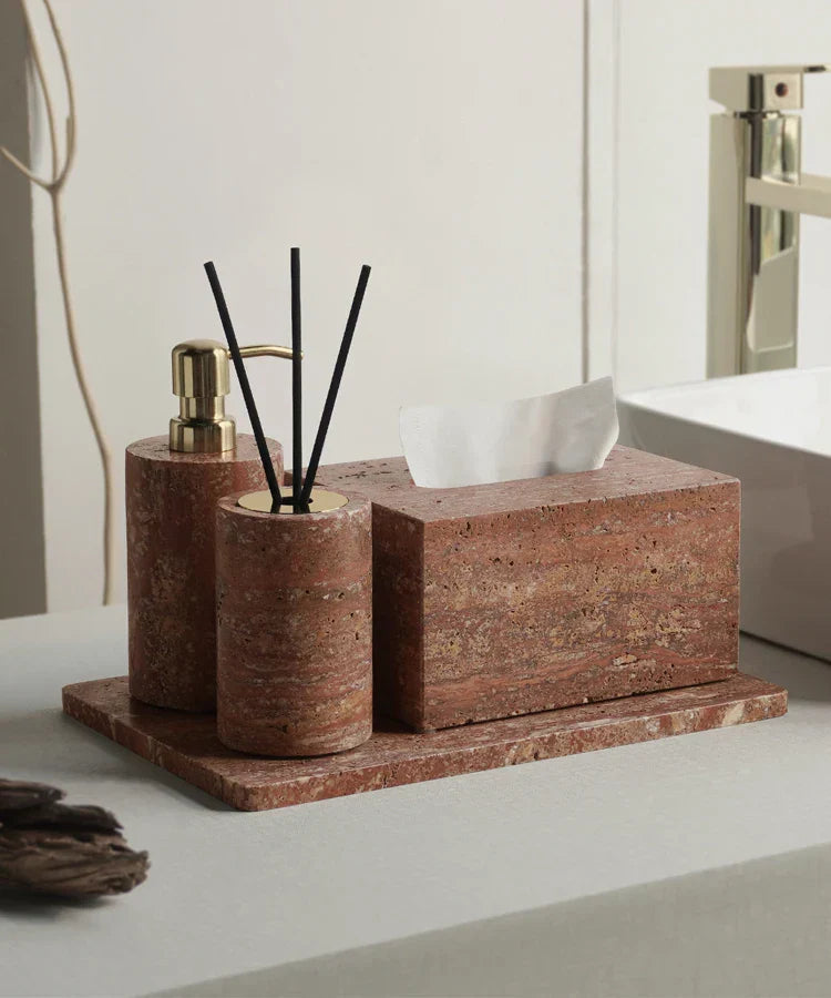 Handcrafted Natural Red Travertine Bathroom Accessories Set (4-Piece)