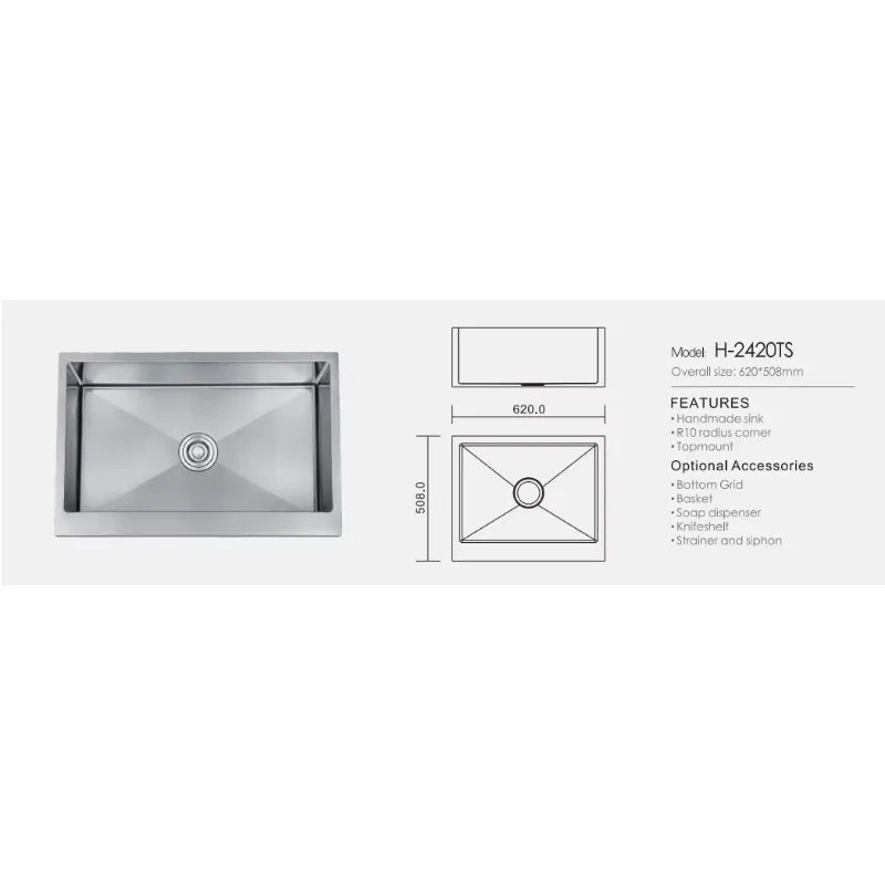 Handcrafted Stainless Steel Square Kitchen Sink (Topmount or Undermount)