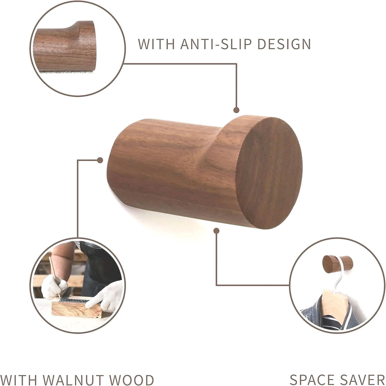 Handcrafted Walnut Non-Slip Wall Hook