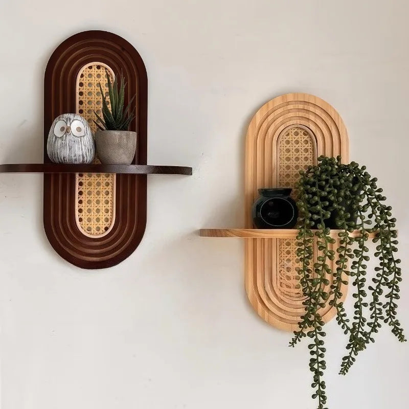 Handwoven Rattan & Wood Wall Shelf