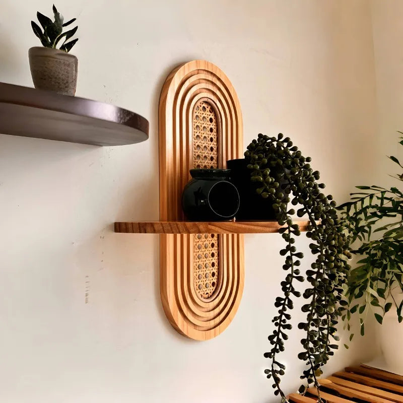Handwoven Rattan & Wood Wall Shelf