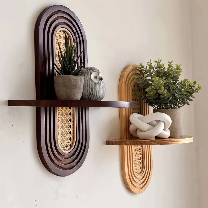 Handwoven Rattan & Wood Wall Shelf