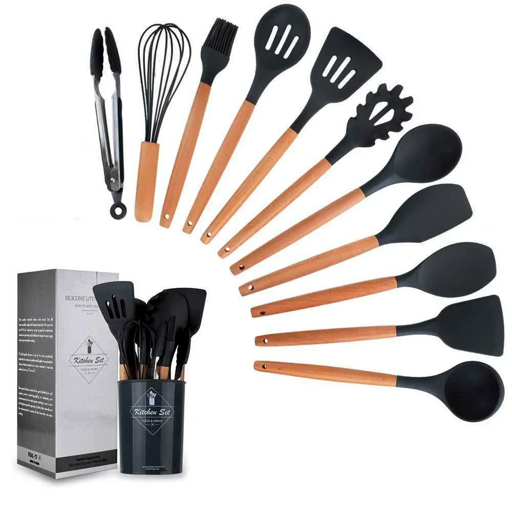 Heat-Resistant Silicone Wooden-Handled Utensil Set (12-Piece)