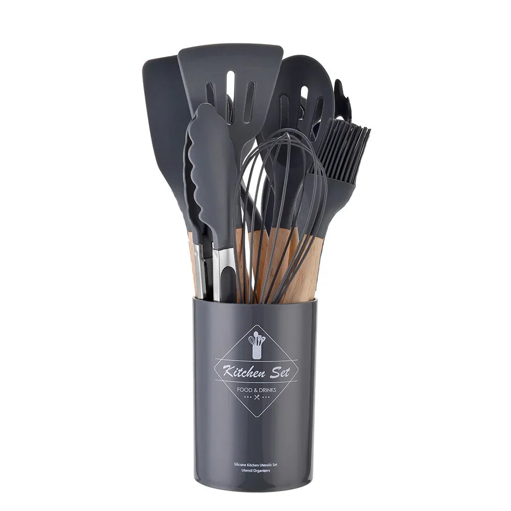 Heat-Resistant Silicone Wooden-Handled Utensil Set (12-Piece)