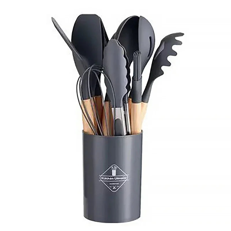 Heat-Resistant Silicone & Wooden-Handled Utensil Set (12-Piece)