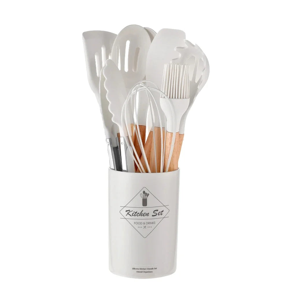 Heat-Resistant Silicone Wooden-Handled Utensil Set (12-Piece)