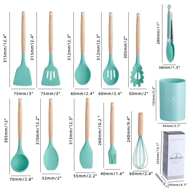 Heat-Resistant Silicone & Wooden-Handled Utensil Set (12-Piece)