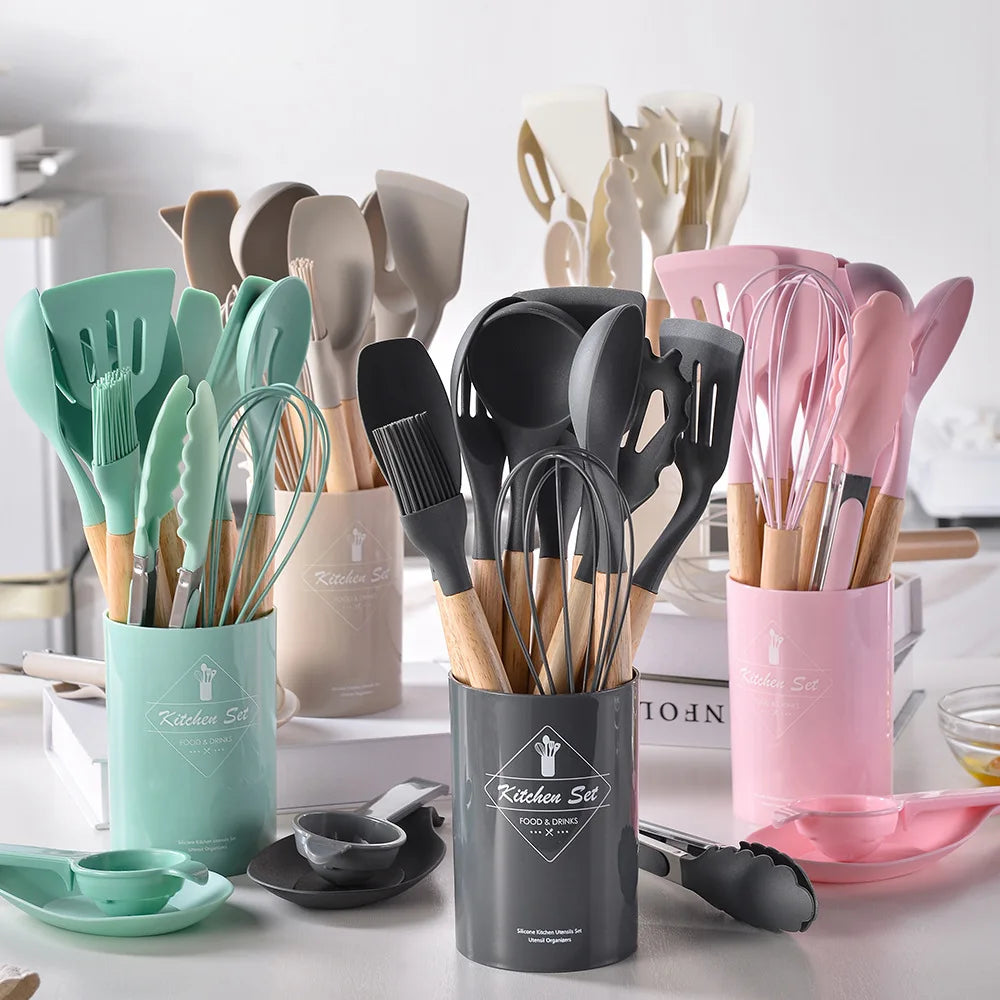 Heat-Resistant Silicone Wooden-Handled Utensil Set (12-Piece)