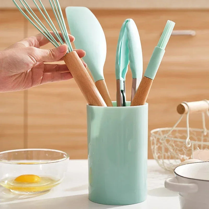 Heat-Resistant Silicone & Wooden-Handled Utensil Set (12-Piece)