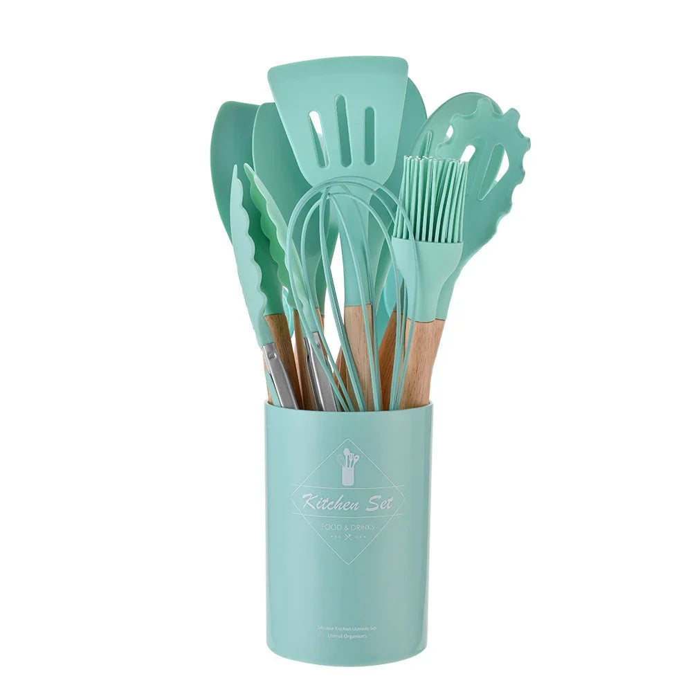 Heat-Resistant Silicone Wooden-Handled Utensil Set (12-Piece)