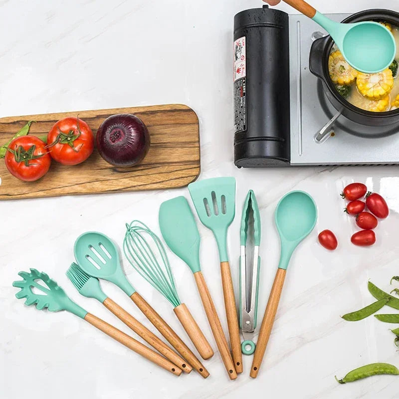 Heat-Resistant Silicone & Wooden-Handled Utensil Set (12-Piece)
