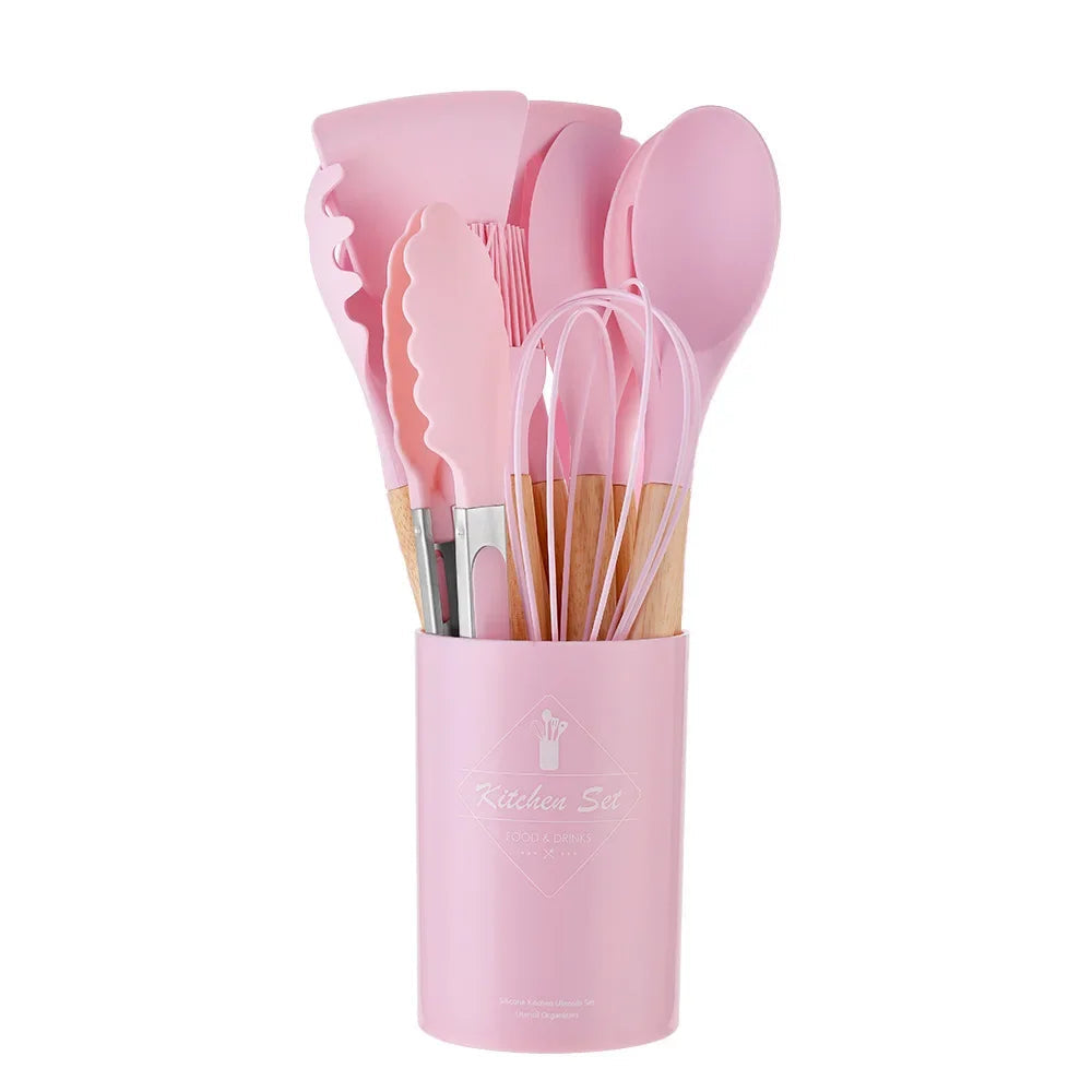 Heat-Resistant Silicone Wooden-Handled Utensil Set (12-Piece)