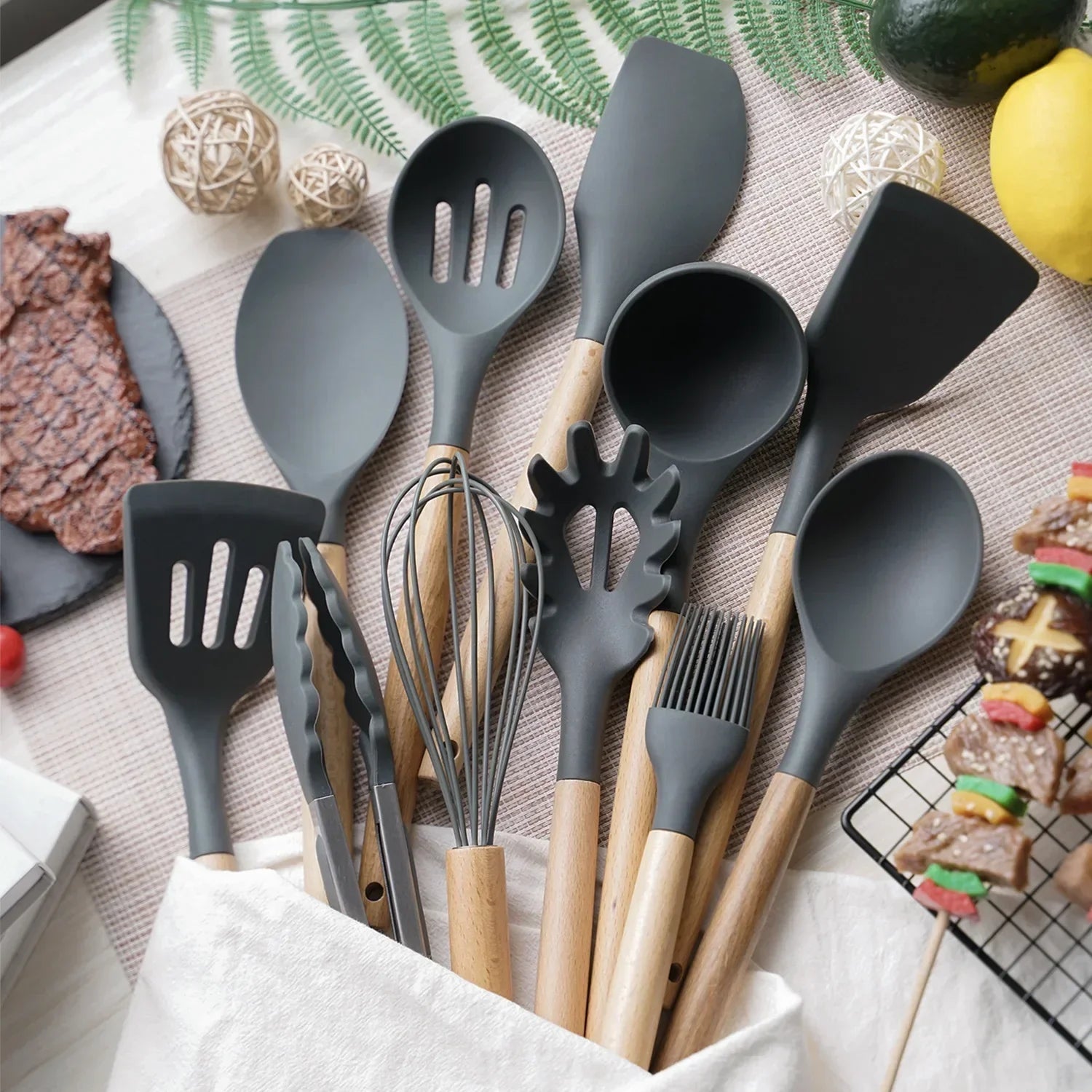 Heat-Resistant Silicone Wooden-Handled Utensil Set (12-Piece)