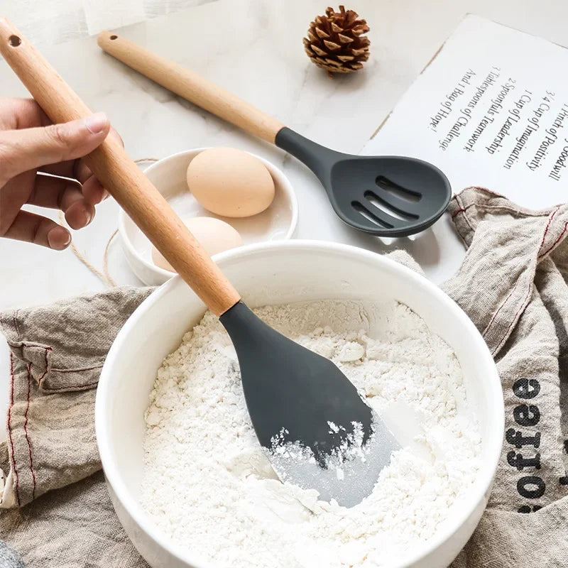 Heat-Resistant Silicone Wooden-Handled Utensil Set (12-Piece)
