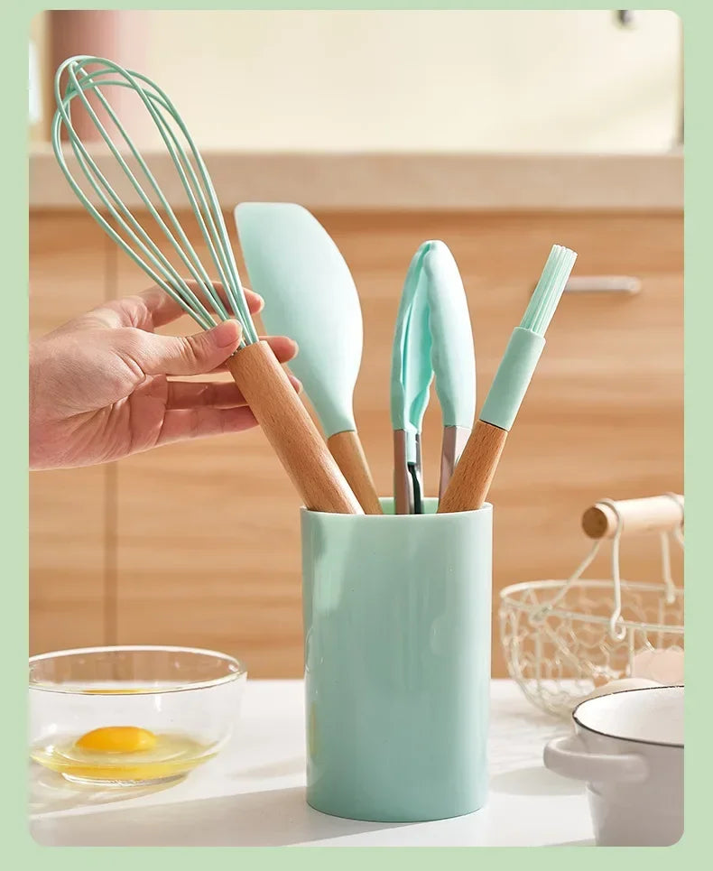 Heat-Resistant Silicone & Wooden-Handled Utensil Set (12-Piece)