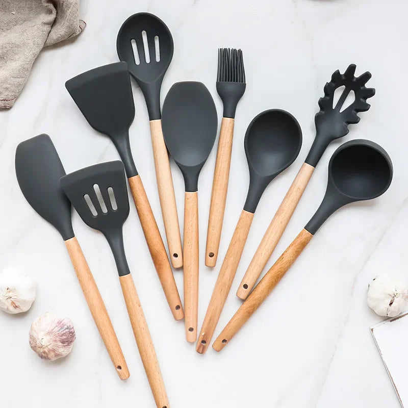 Heat-Resistant Silicone Wooden-Handled Utensil Set (12-Piece)