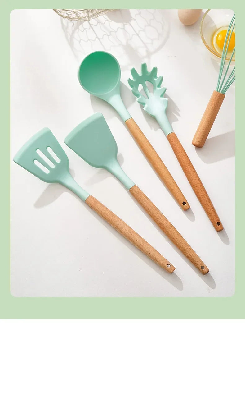 Heat-Resistant Silicone & Wooden-Handled Utensil Set (12-Piece)