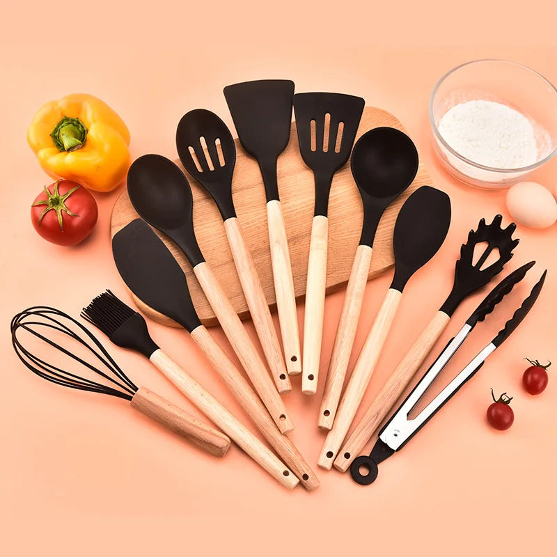 Heat-Resistant Silicone Wooden-Handled Utensil Set (12-Piece)