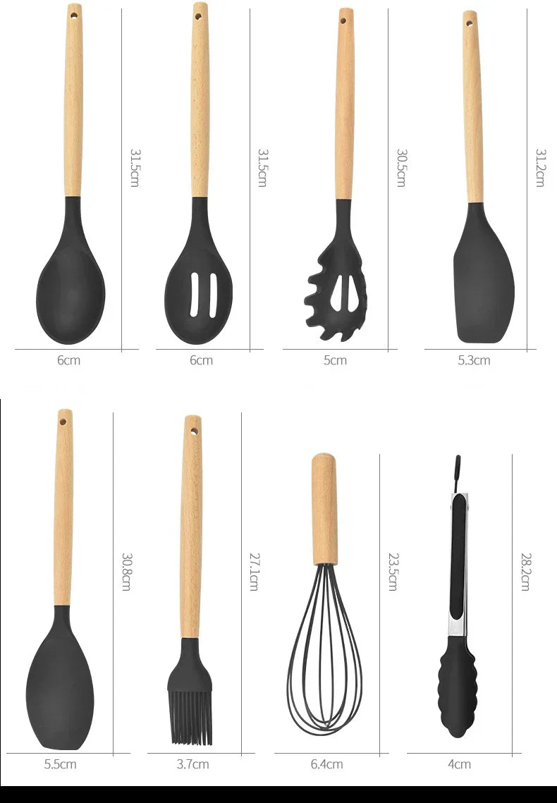 Heat-Resistant Silicone Wooden-Handled Utensil Set (12-Piece)