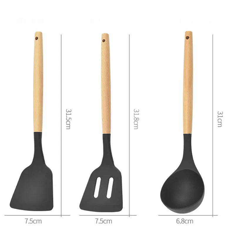Heat-Resistant Silicone Wooden-Handled Utensil Set (12-Piece)