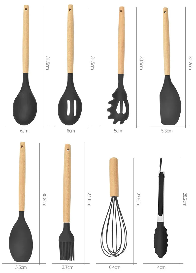 Heat-Resistant Silicone Wooden-Handled Utensil Set (12-Piece)