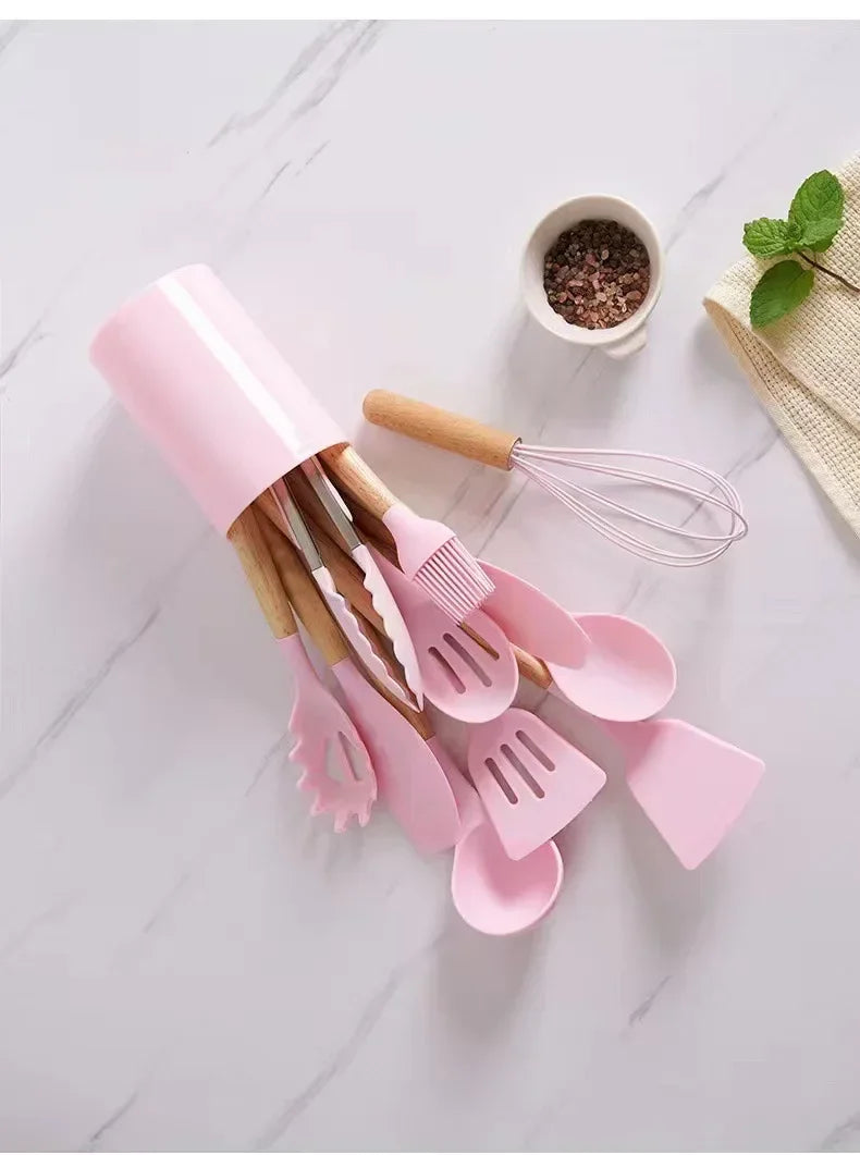 Heat-Resistant Silicone & Wooden-Handled Utensil Set (12-Piece)