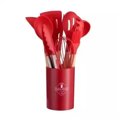 Heat-Resistant Silicone & Wooden-Handled Utensil Set (12-Piece)