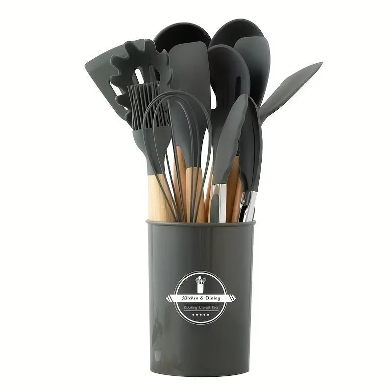 Heat-Resistant Silicone & Wooden-Handled Utensil Set (12-Piece)