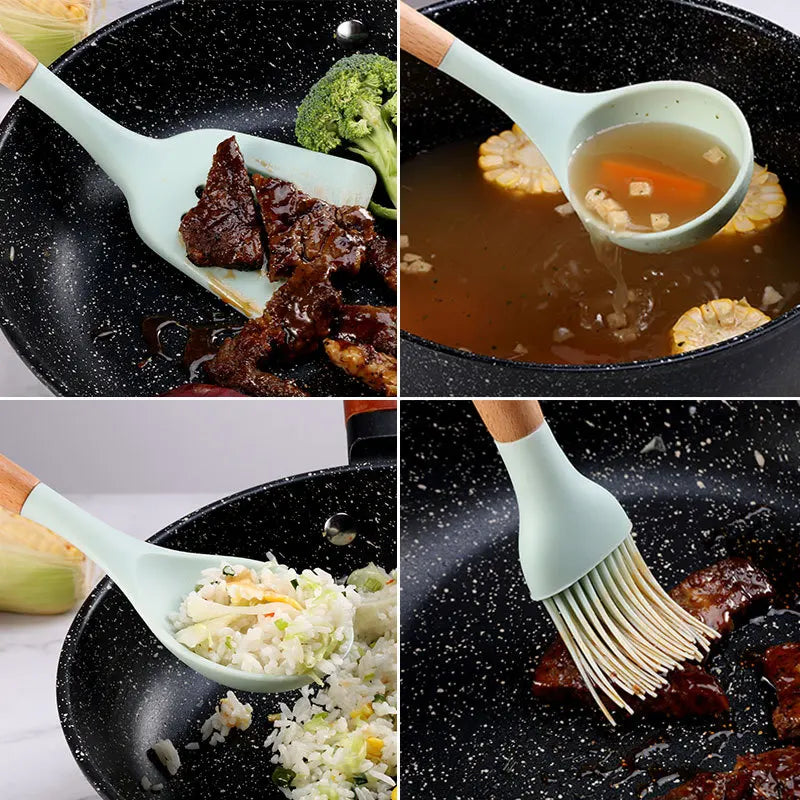 Heat-Resistant Silicone Wooden-Handled Utensil Set (12-Piece)