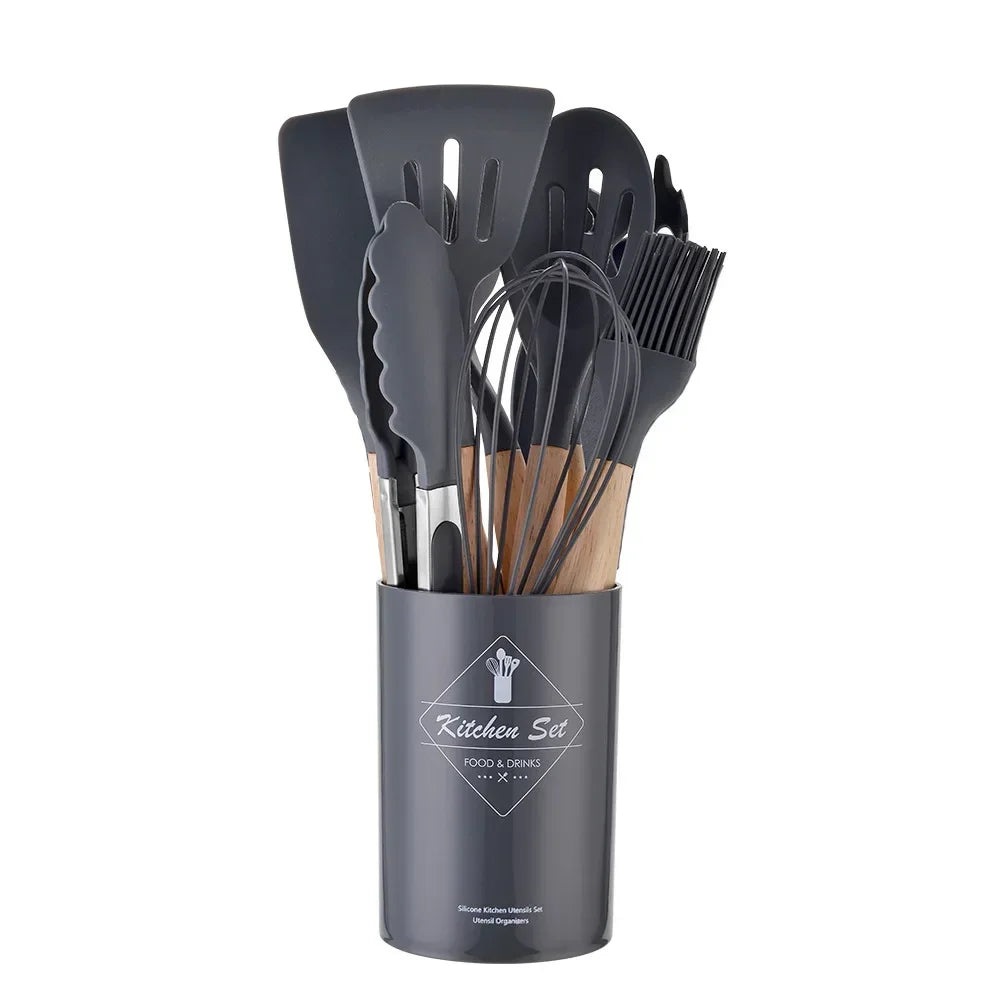 Heat-Resistant Silicone & Wooden-Handled Utensil Set (12-Piece)
