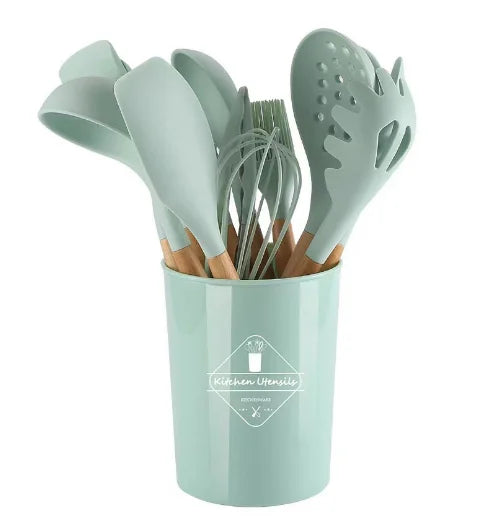 Heat-Resistant Silicone & Wooden-Handled Utensil Set (12-Piece)