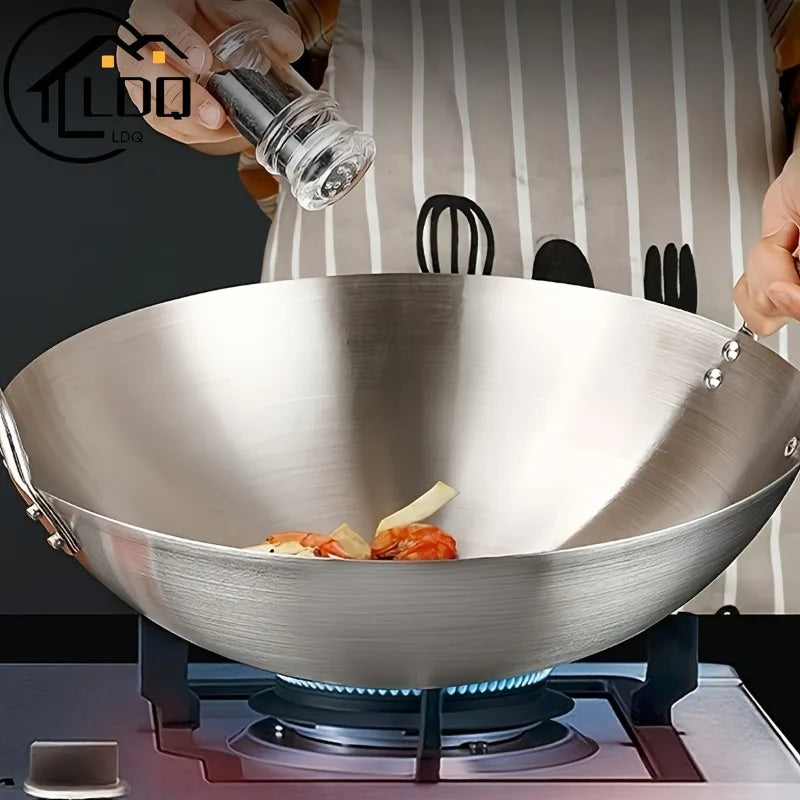 Heavy-Duty Uncoated Stainless Steel Wok (Dual Handles)