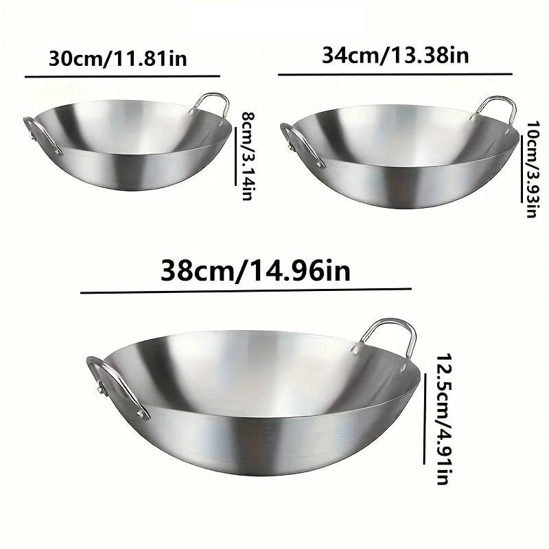 Heavy-Duty Uncoated Stainless Steel Wok (Dual Handles)