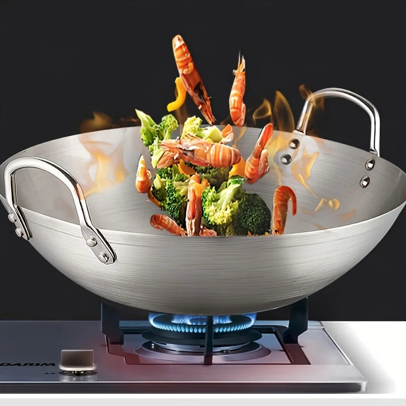 Heavy-Duty Uncoated Stainless Steel Wok (Dual Handles)