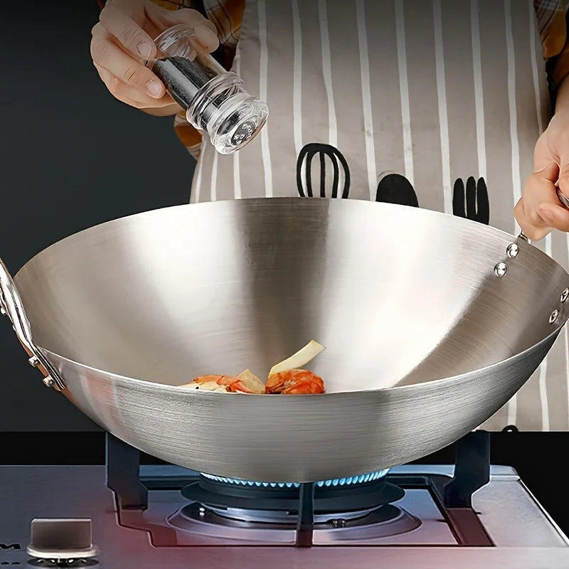 Heavy-Duty Uncoated Stainless Steel Wok (Dual Handles)