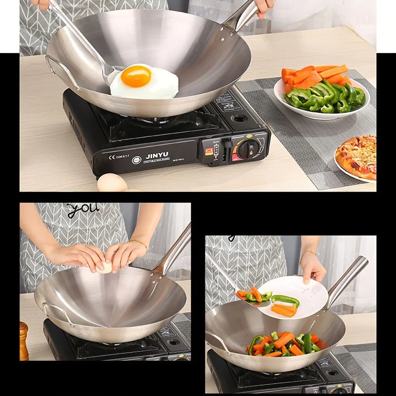 Heavy-Duty Uncoated Stainless Steel Wok (Dual Handles)