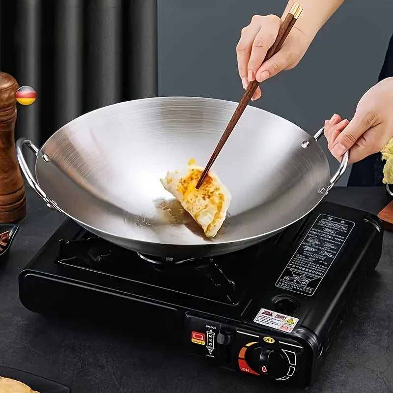 Heavy-Duty Uncoated Stainless Steel Wok (Dual Handles)