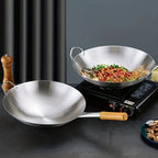 Heavy-Duty Uncoated Stainless Steel Wok (Dual Handles)