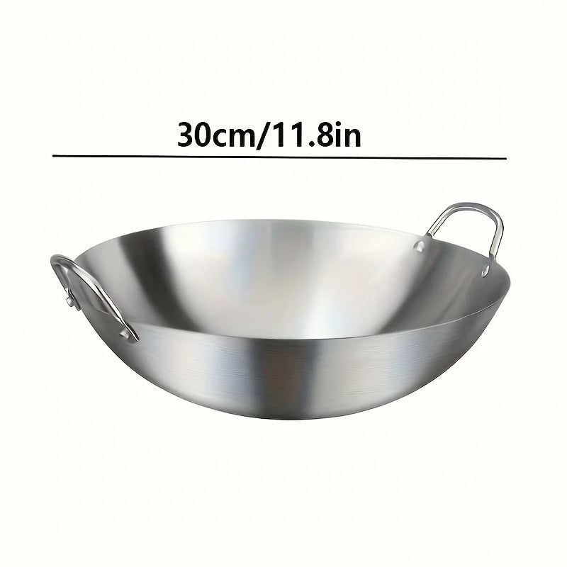 Heavy-Duty Uncoated Stainless Steel Wok (Dual Handles)