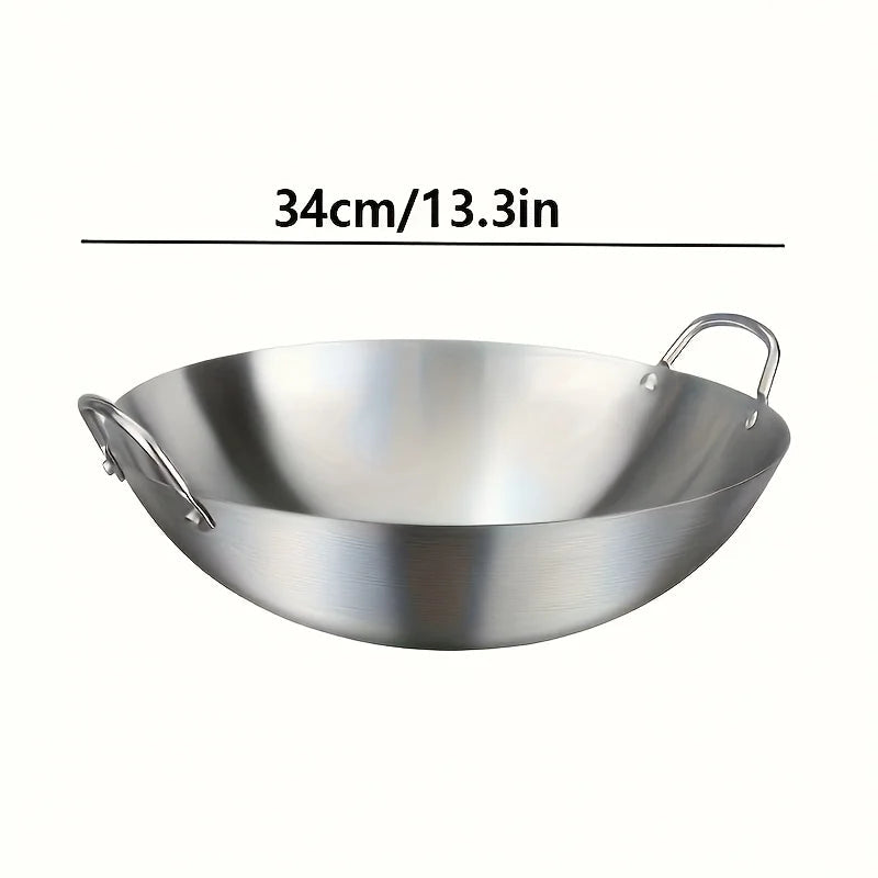 Heavy-Duty Uncoated Stainless Steel Wok (Dual Handles)