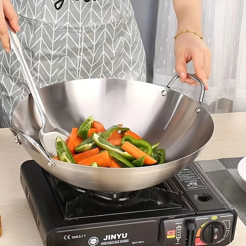 Heavy-Duty Uncoated Stainless Steel Wok (Dual Handles)