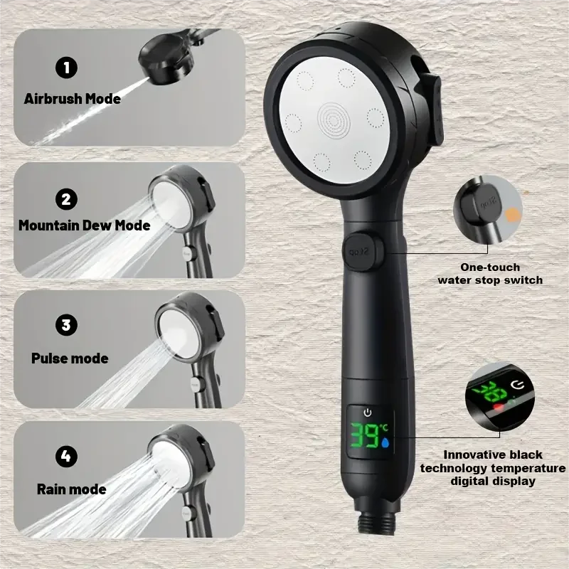 LED Temp Display High-Pressure & Water-Saving Handheld Shower Head (4 Spray Modes)