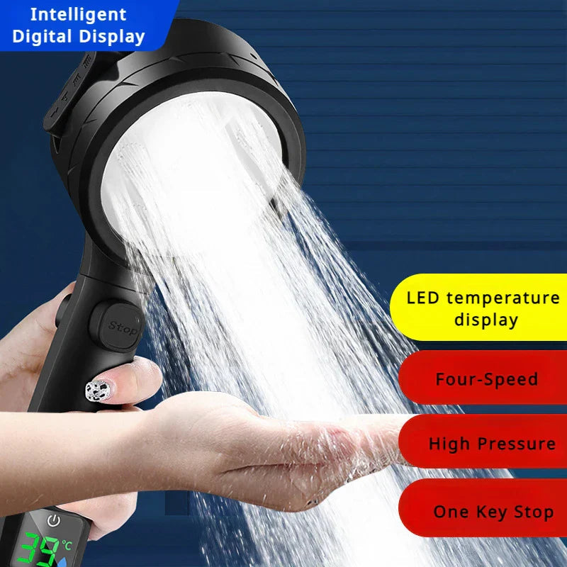 LED Temp Display High-Pressure & Water-Saving Handheld Shower Head (4 Spray Modes)