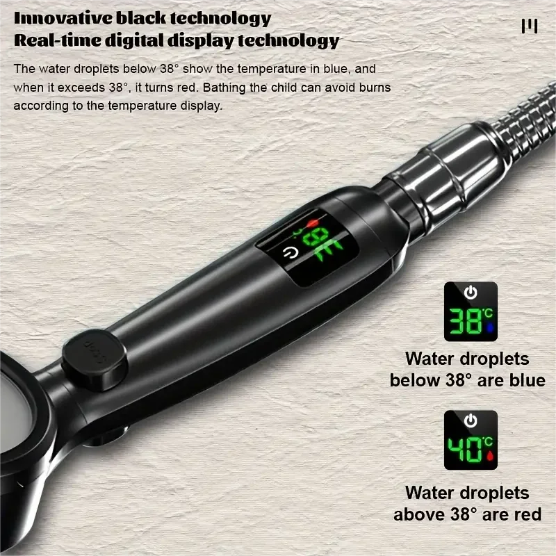 LED Temp Display High-Pressure & Water-Saving Handheld Shower Head (4 Spray Modes)