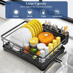 Large Rustproof Fast-Drain Dish Drying Rack (3-Compartment Utensil Holder)