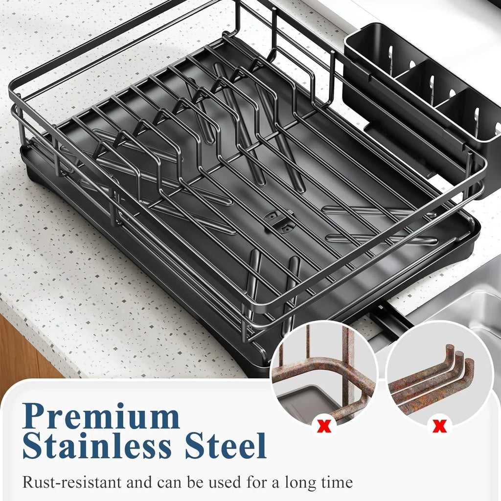 Large Rustproof Fast-Drain Dish Drying Rack (3-Compartment Utensil Holder)